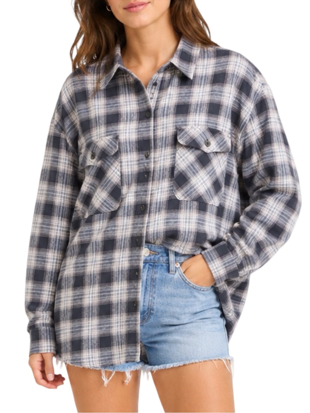 Wild Fable Oversized Long Sleeve Collared Flannel Shirt - Size Large - Black
